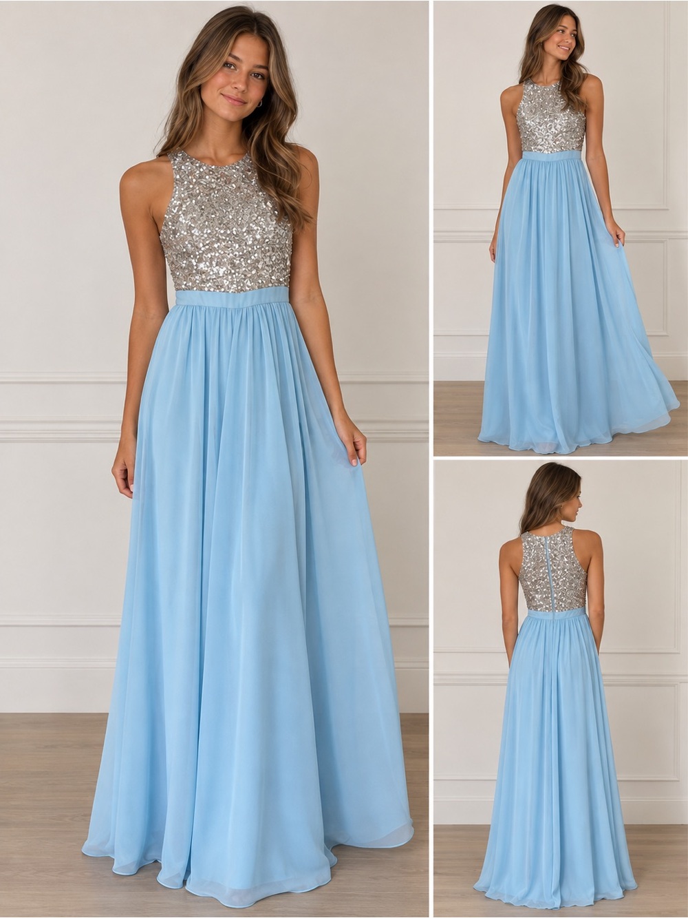 Aidan by Aidan Mattox Light Blue Chiffon Gown with Silver Sequin Bodice